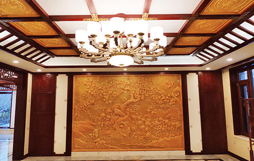 武夷山中式别墅客厅中式木作横梁吊顶装饰展示